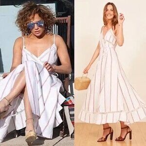 Reformation Daria Dress Linen Lace Boho Wrap Midi Dress Burgundy Stripe Sz S NEW